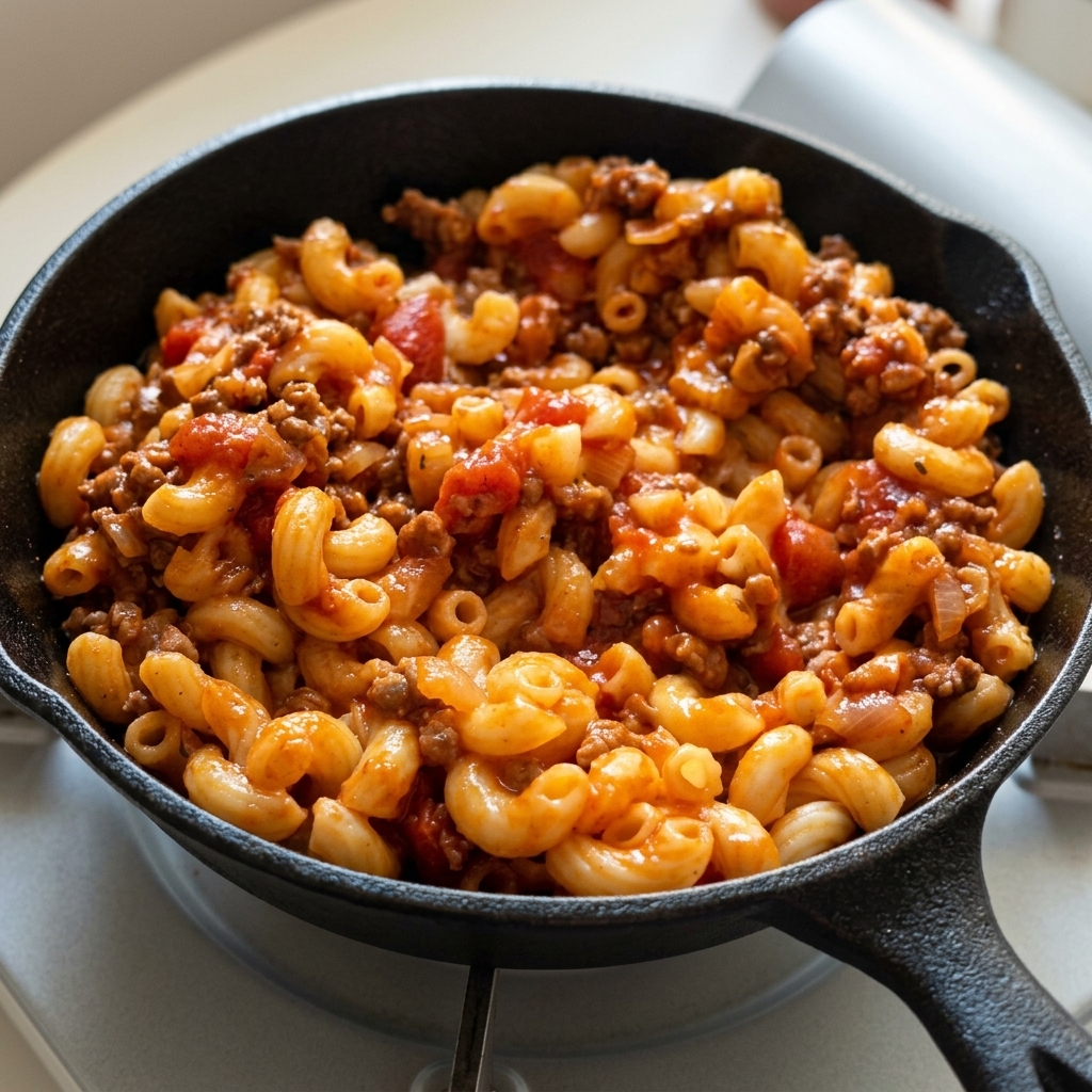 Macaronis enrobés dune sauce riche au bœuf et à la tomate dans une poêle en fonte.
