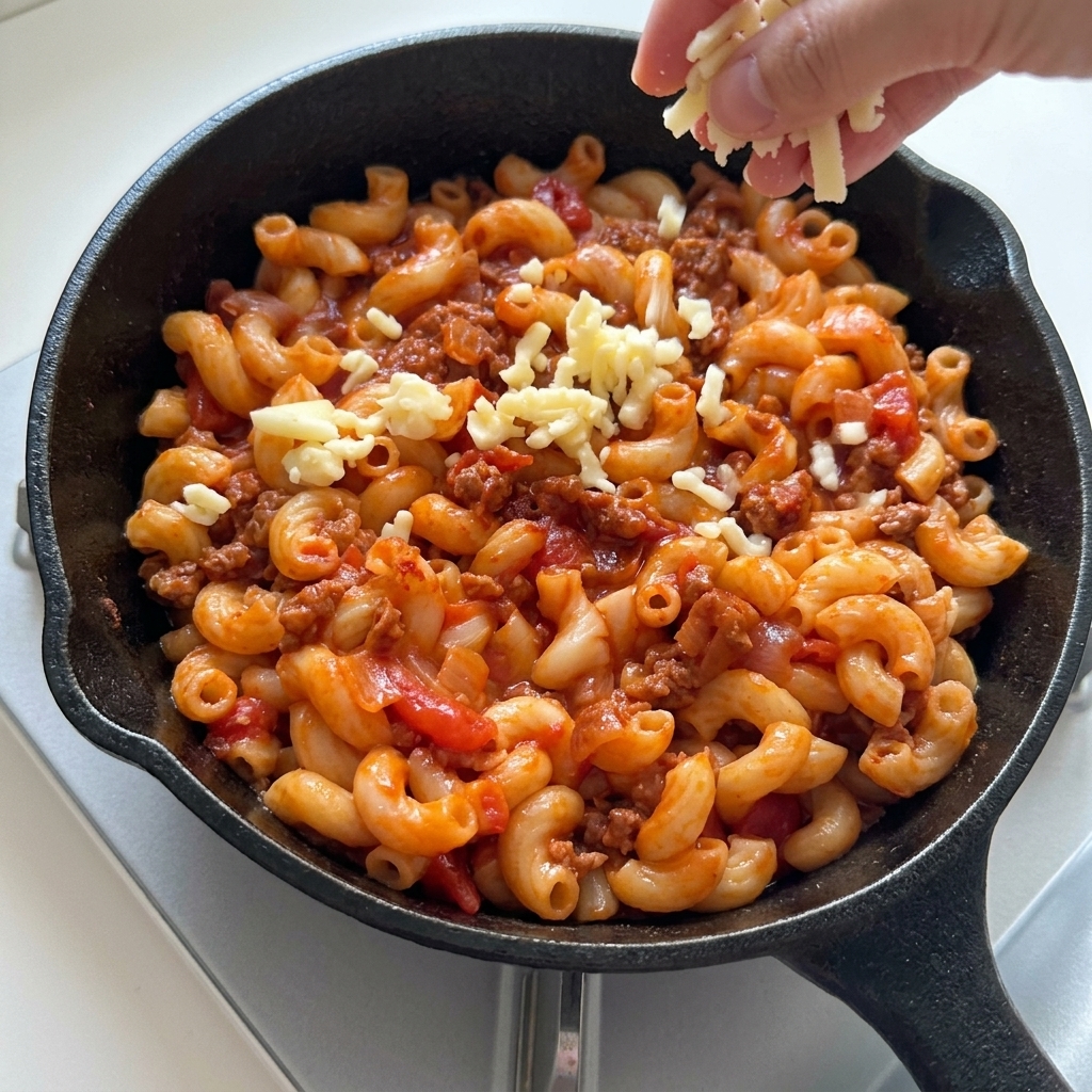 Une main saupoudrant une couche épaisse de mozzarella râpée sur les macaronis en sauce.