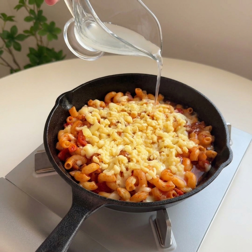 Eau de cuisson claire versée dun petit pichet sur les bords dune poêle remplie de macaronis au fromage.