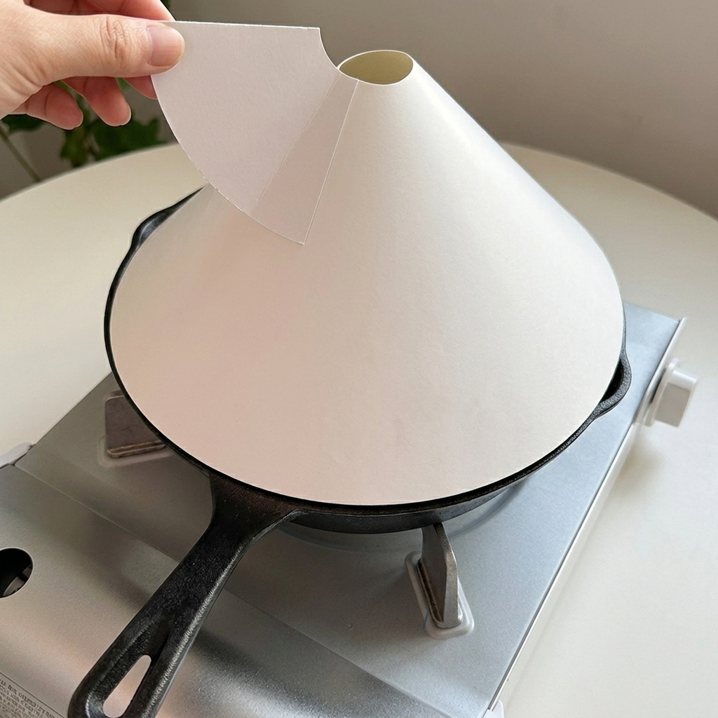 Une main plaçant un couvercle conique en papier sur une poêle en fonte posée sur un réchaud.