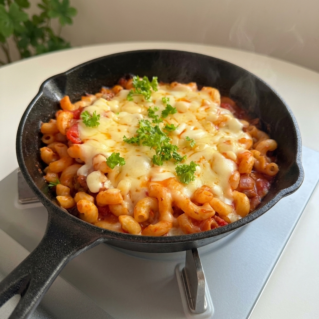 Une poêle fumante de macaronis au fromage et à la viande, garnie de persil frais haché.