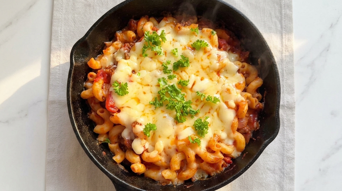 Macaronis au Bœuf, Tomate et Fromage Fondant à la Poêle