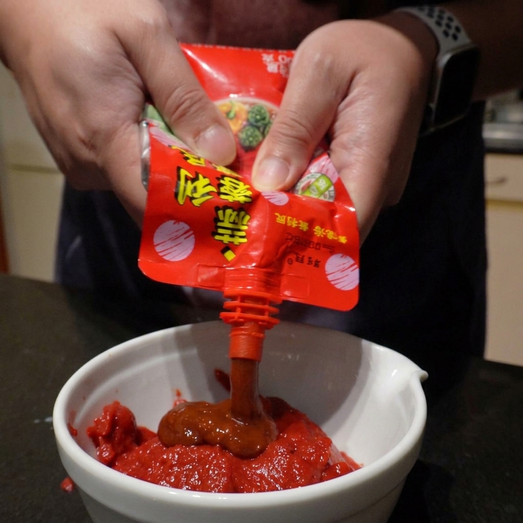 Mains versant de la sauce pimentée à lail dans un bol contenant du concentré de tomate épais.
