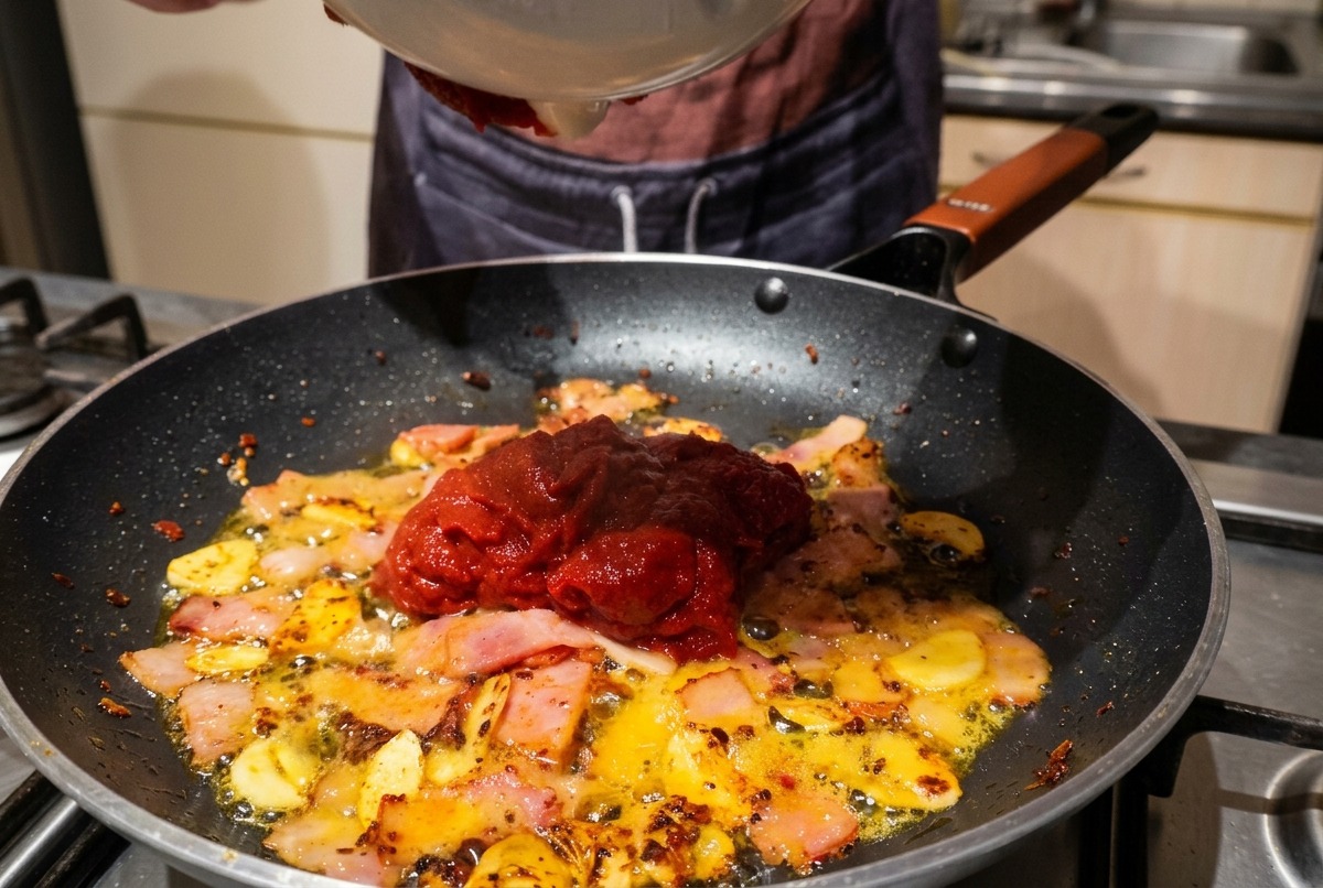 Mélange rouge épais de tomate et piment versé dans une poêle contenant le bacon cuit et lail.