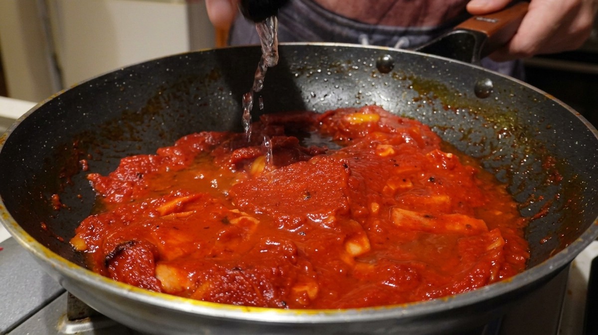 Versement dun liquide clair dans une sauce tomate rouge frémissante dans une poêle antiadhésive foncée.