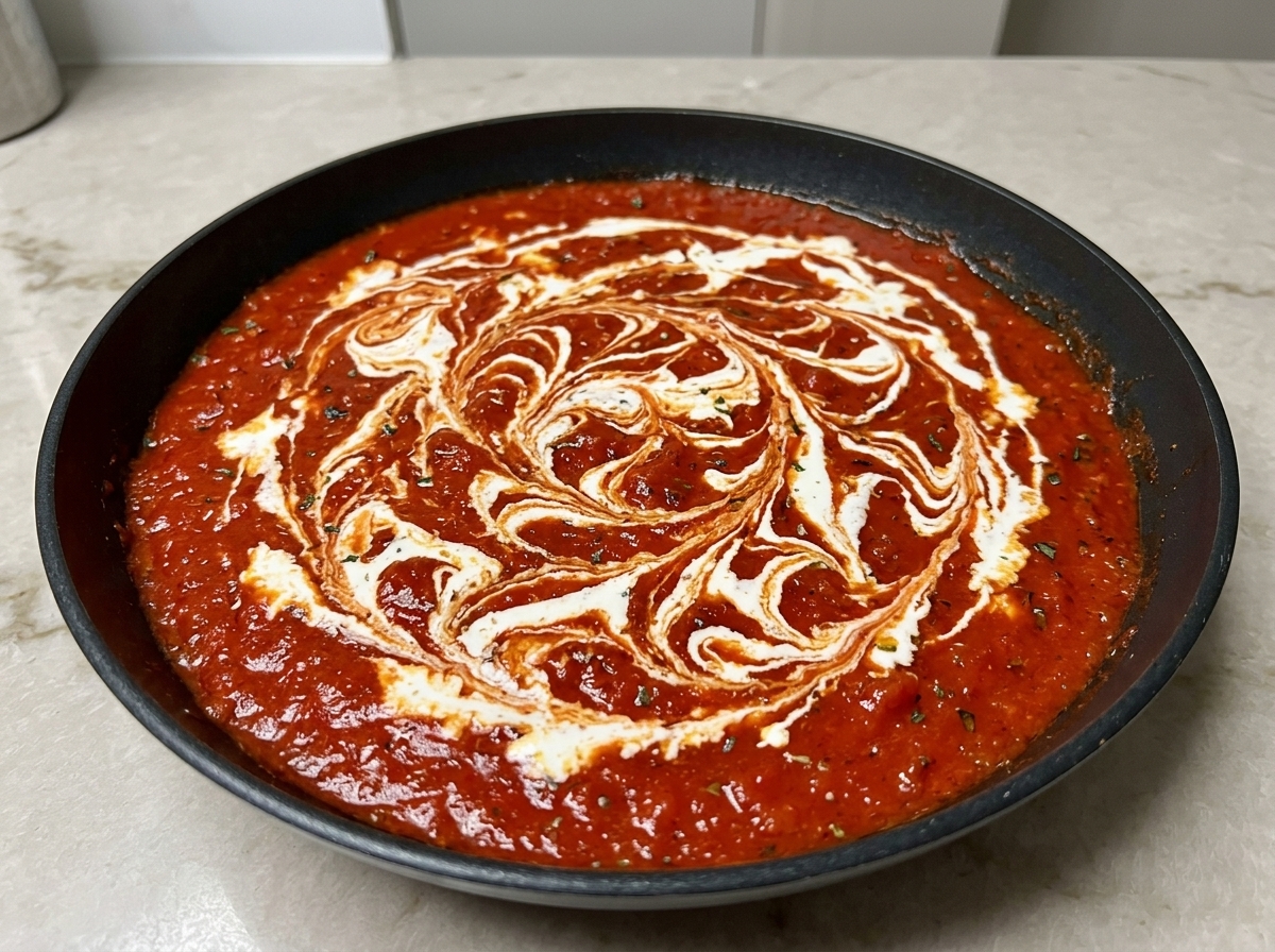 Poêle chaude remplie dune riche sauce tomate rouge mélangée à des filets de crème liquide blanche.