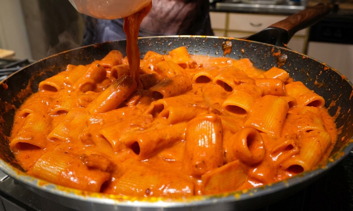 Versement deau de cuisson amidonnée dun bol blanc vers une poêle de rigatoni à la sauce rouge.