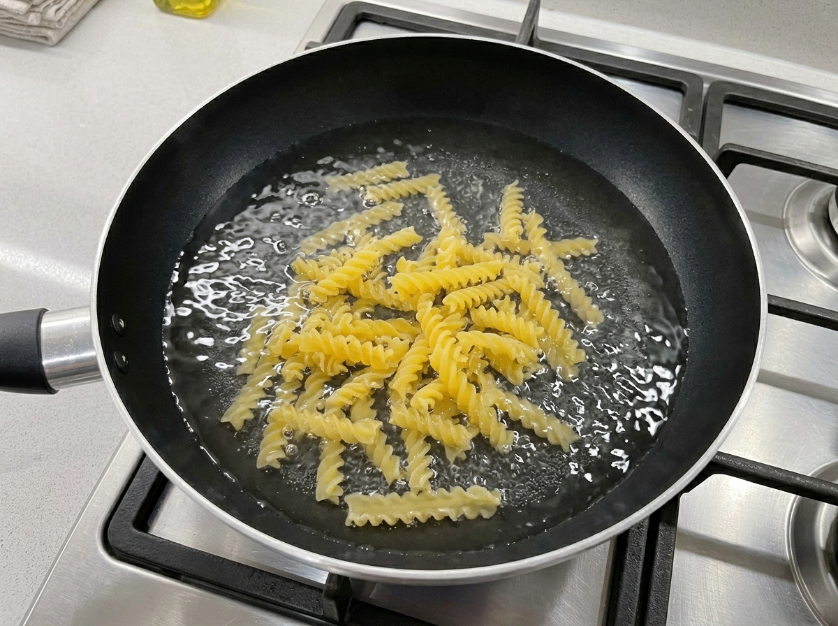 Fusilli jaunes secs immergés dans de leau froide dans une poêle antiadhésive noire sur une cuisinière à gaz.
