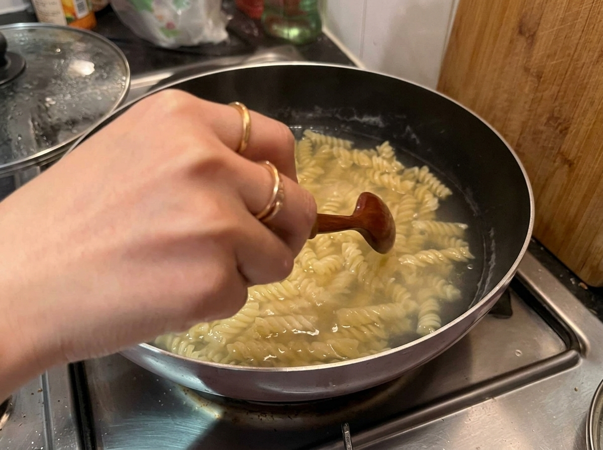 Une main utilisant une cuillère en bois pour remuer et sortir les fusilli cuits dune casserole deau bouillante.