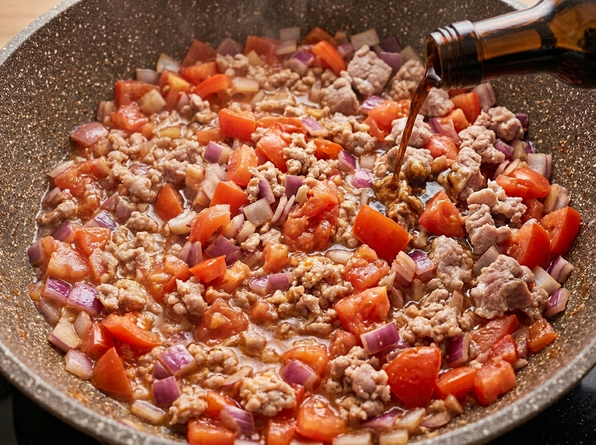 Sauce soja claire versée dune bouteille en verre dans une poêle de tomates, bacon et oignons frémissants.