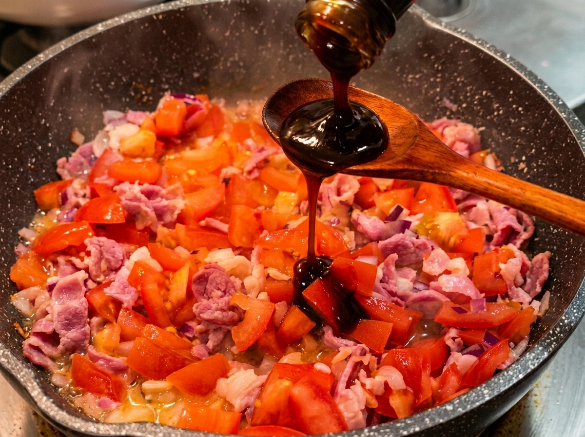 Sauce dhuître épaisse versée dune bouteille sur une cuillère en bois au-dessus dune sauce tomate et bacon rouge vif.