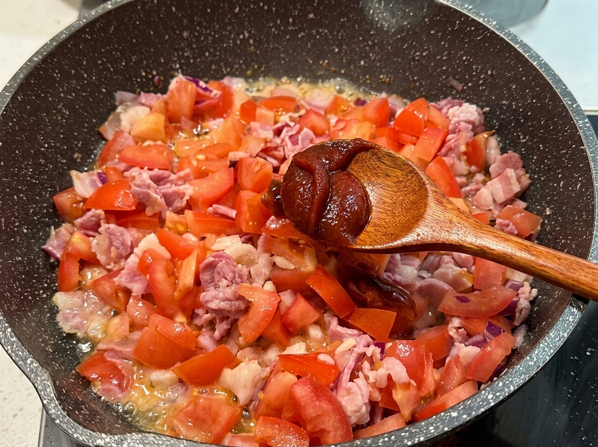 Une cuillère en bois ajoutant du ketchup épais dans une poêle remplie de tomates, bacon et oignons mijotés.