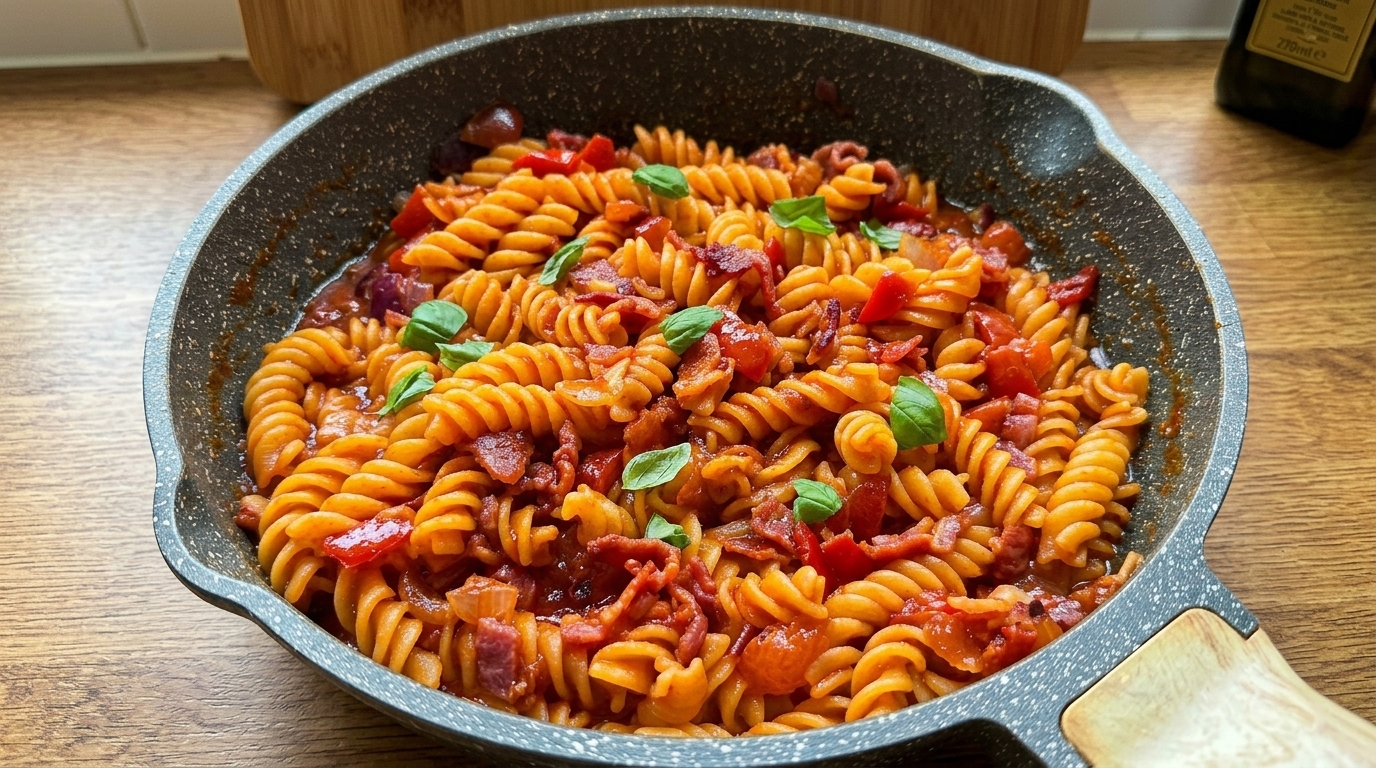 Fusilli aigre-doux au bacon et tomates fraîches