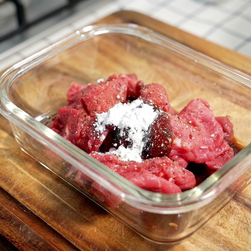 Tranches de bœuf cru dans un bol en verre recouvertes de fécule blanche et dune marinade liquide foncée.