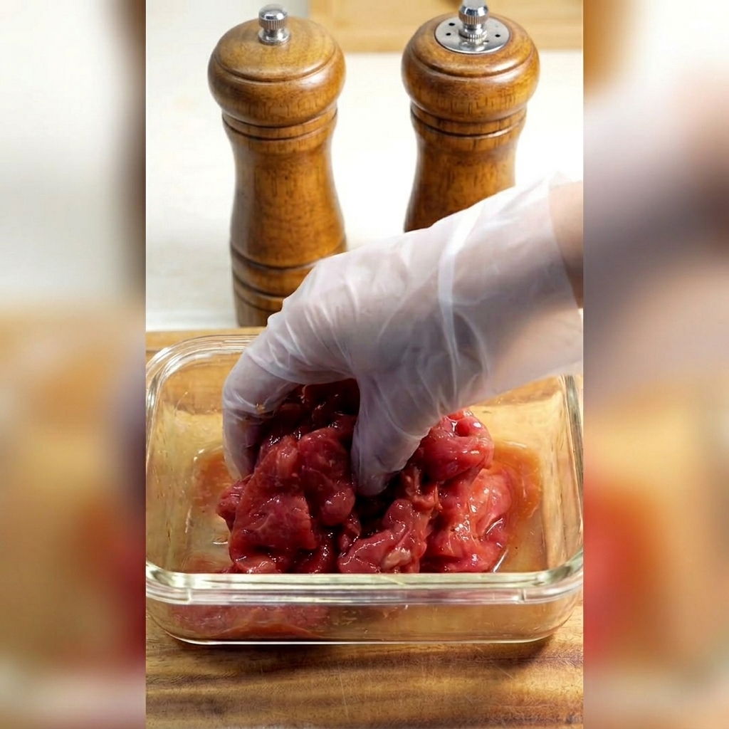 Une main gantée mélangeant des tranches de bœuf cru avec une marinade sombre dans un récipient en verre.
