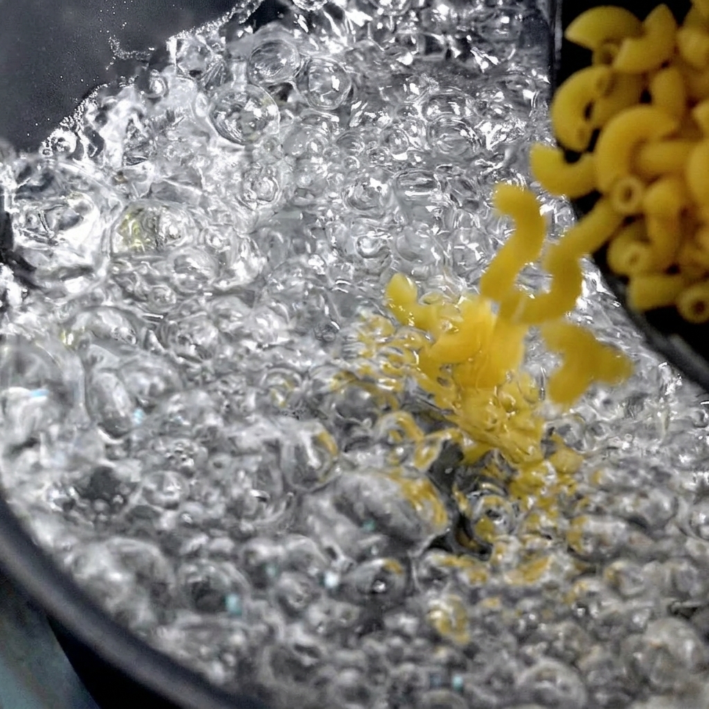 Macaronis jaunes secs versés dans une casserole deau bouillante à gros bouillons.