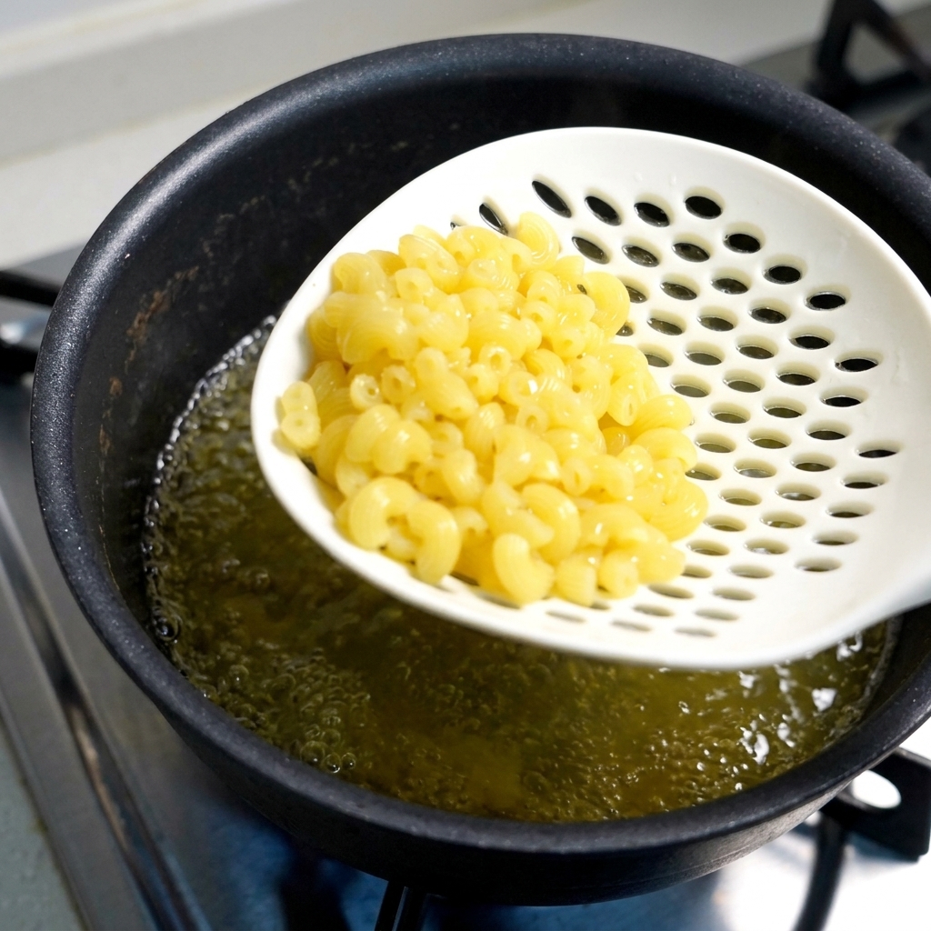 Macaronis cuits de couleur jaune pâle sortis de leau bouillante avec une écumoire blanche.