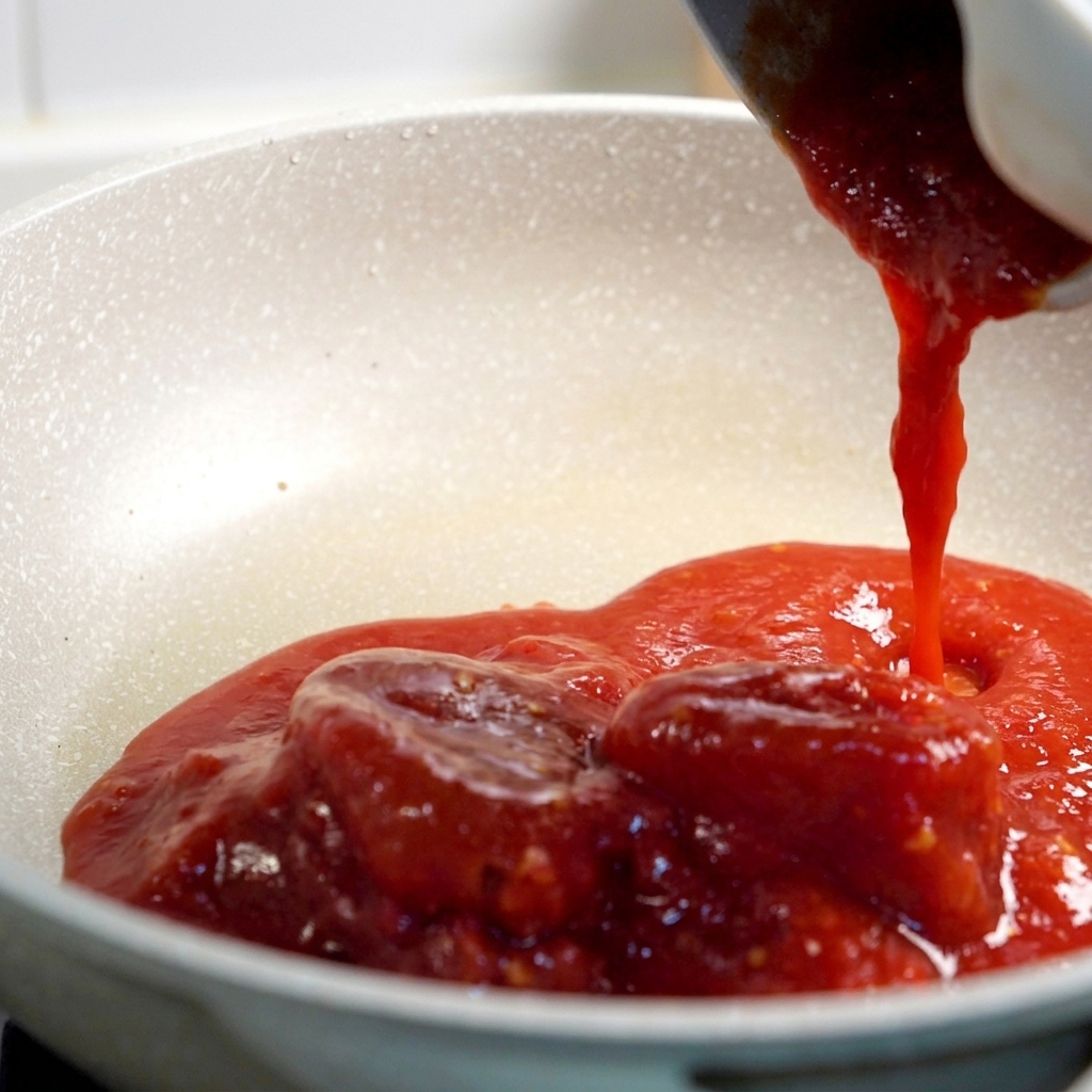 Concentré de tomate rouge épais versé dans une poêle sur des morceaux de tomates pelées.