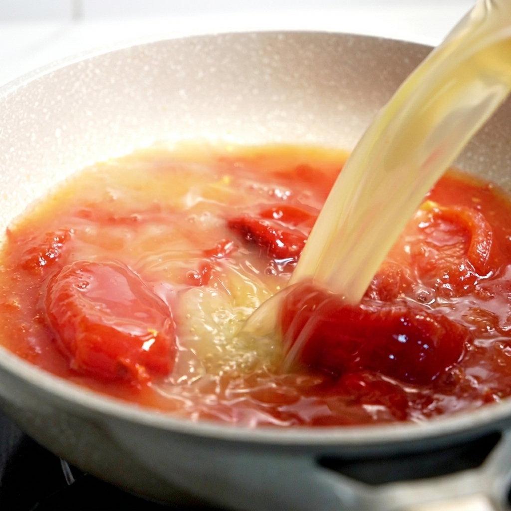 Bouillon jaune clair versé dans une poêle remplie dun mélange de tomates rouges qui mijote.