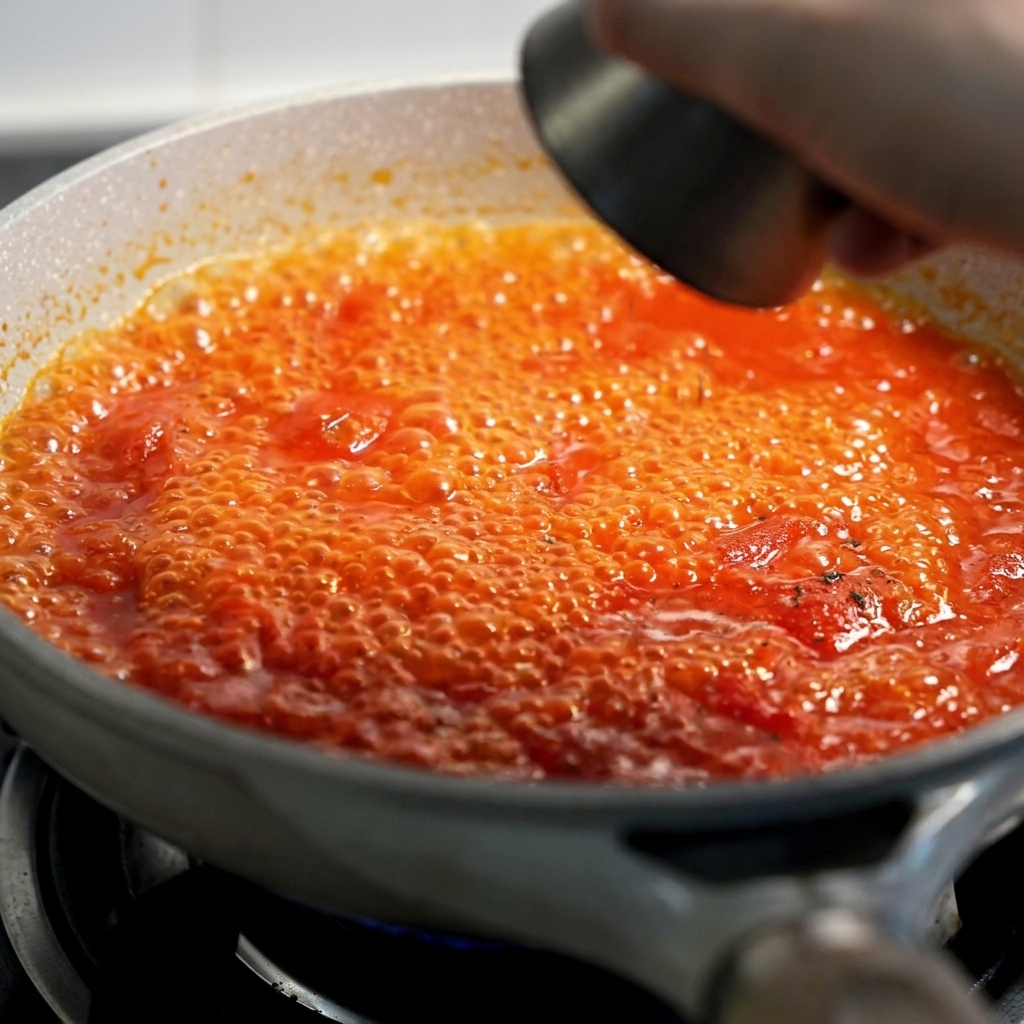 Une sauce tomate rouge vif bouillonnant activement dans une poêle pendant lassaisonnement.