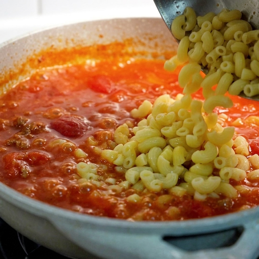 Macaronis cuits versés depuis une passoire dans une poêle de sauce tomate au bœuf frémissante.