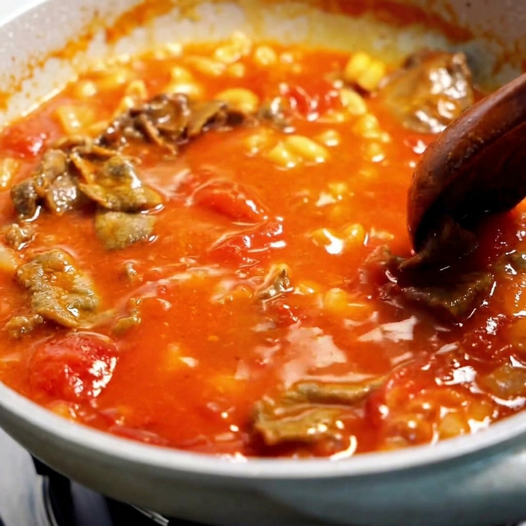 Une cuillère en bois mélangeant une sauce tomate épaisse avec des macaronis et des tranches de bœuf tendres.