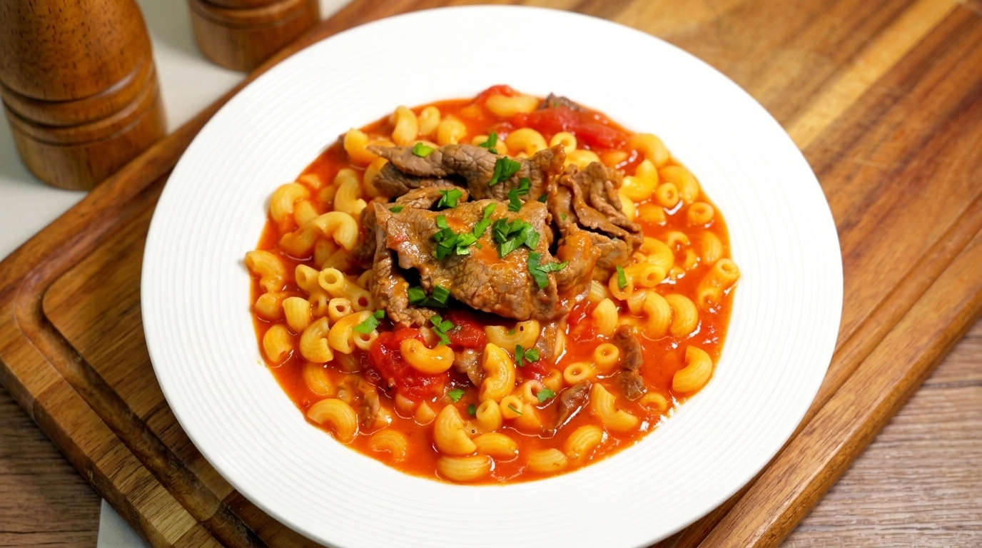Macaronis au bœuf et à la tomate style Hong Kong