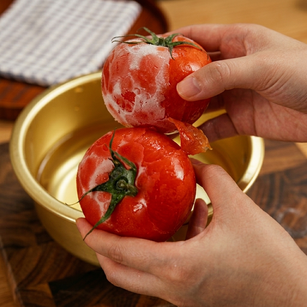 Mains plaçant des tomates givrées dans un bol doré rempli deau froide.