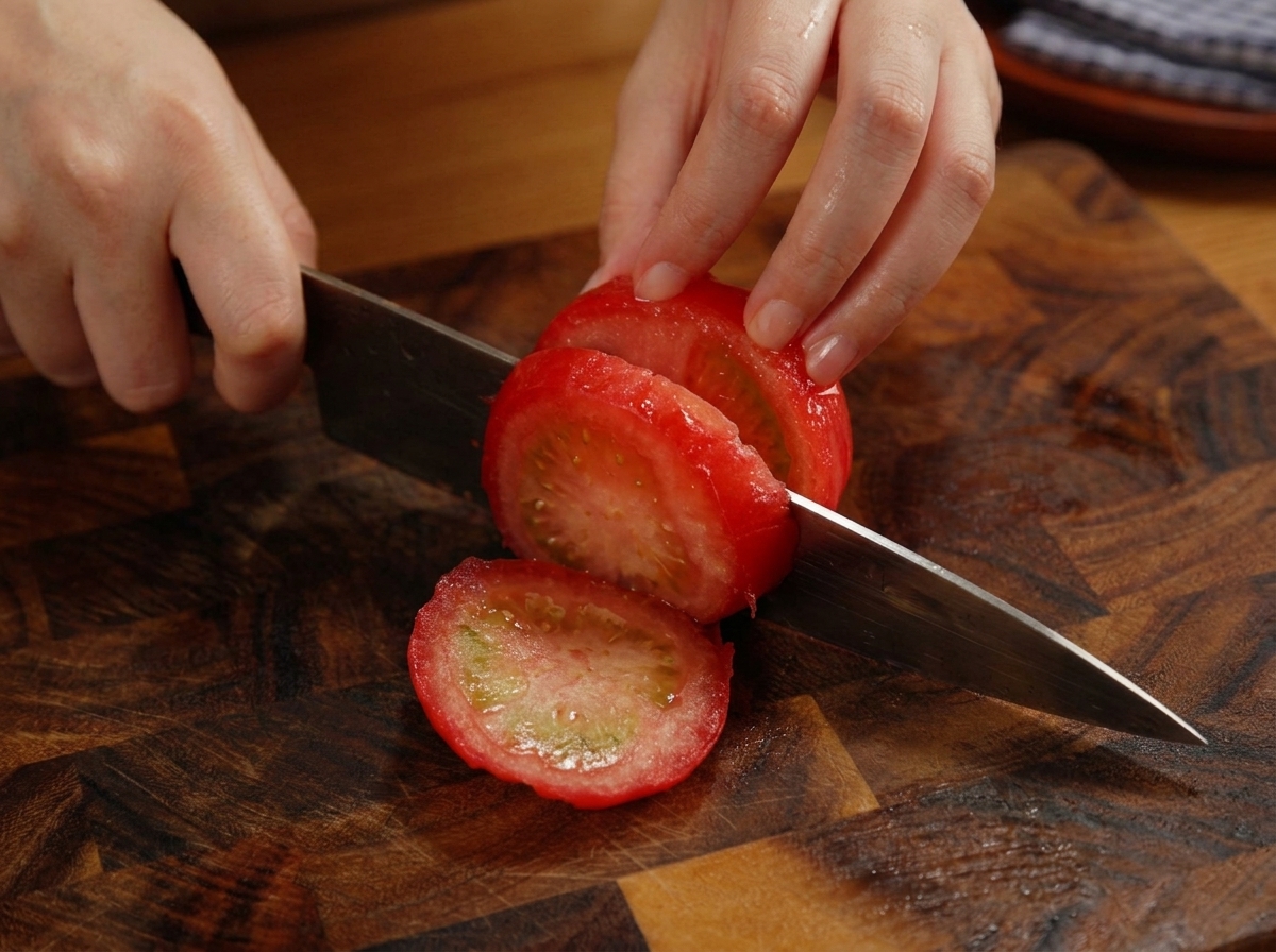 Mains coupant une tomate pelée en tranches épaisses sur une planche en bois sombre.