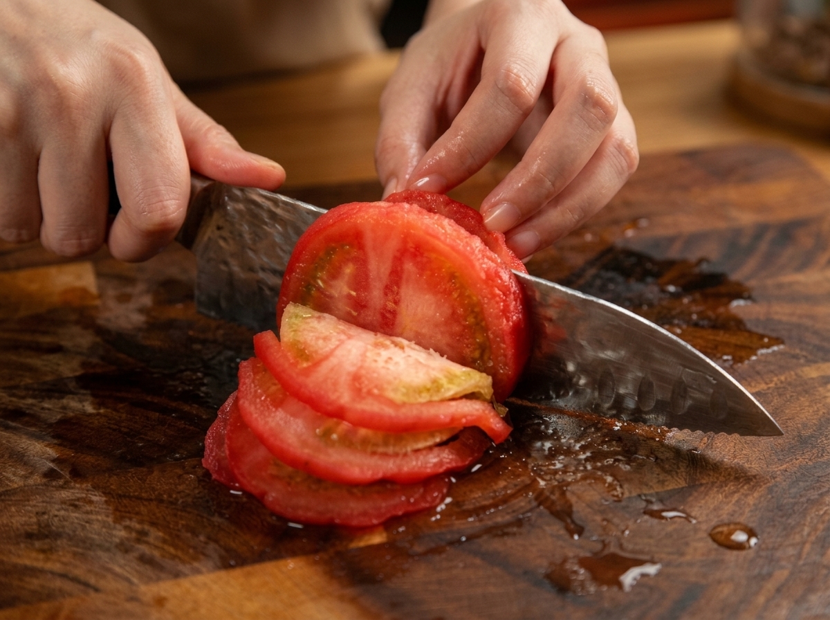 Couteau en métal découpant des rondelles de tomates en petits cubes sur une planche en bois.