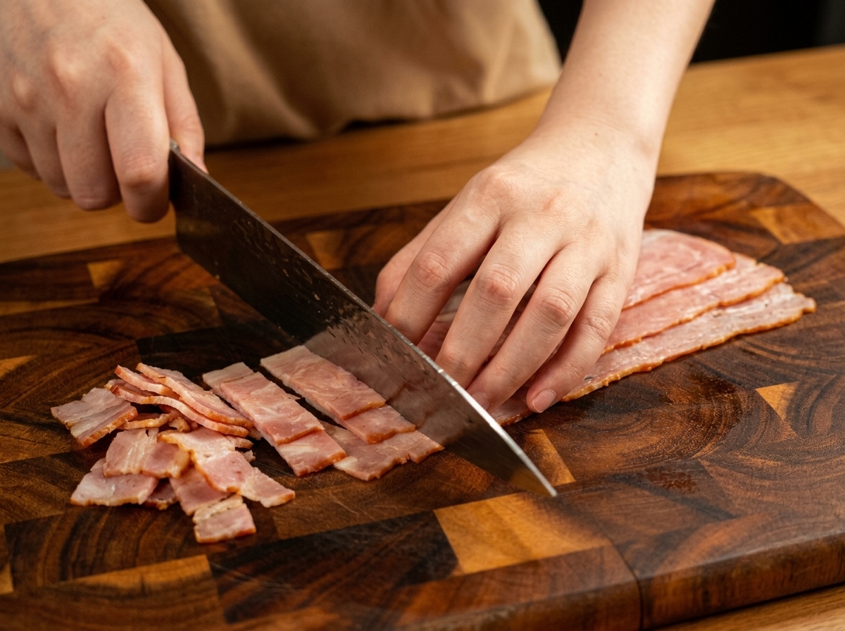 Mains coupant des tranches de bacon cru en morceaux uniformes sur une planche.