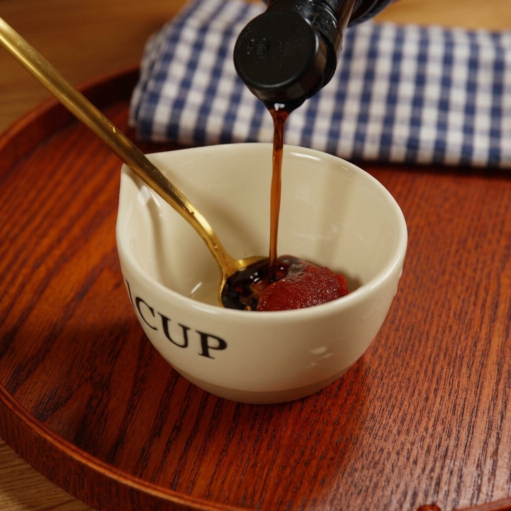 Sauce soja sombre versée dans un petit bol contenant de la pâte de piment coréenne rouge.