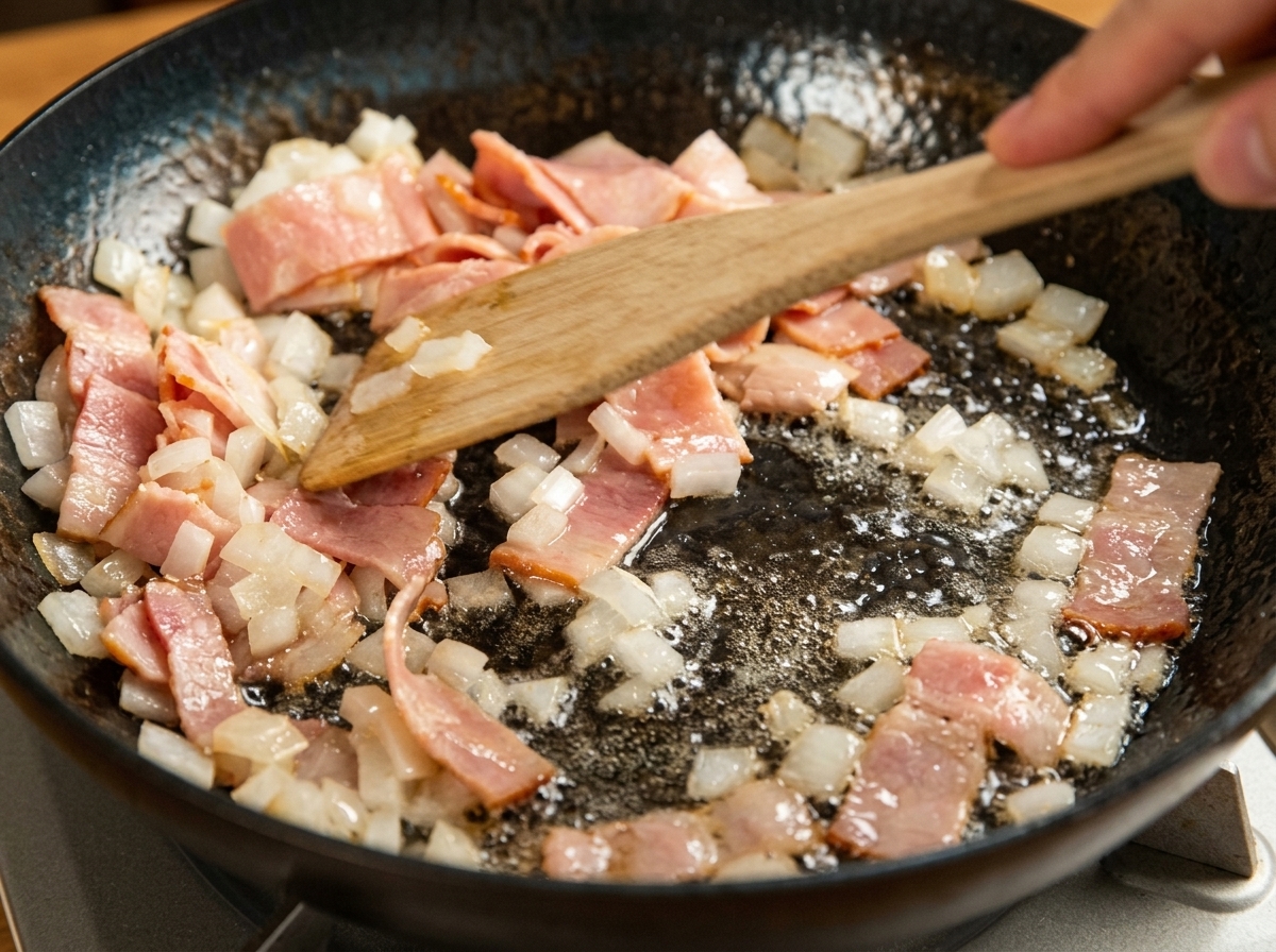 Spatule mélangeant activement des morceaux de bacon et des oignons dans une poêle.