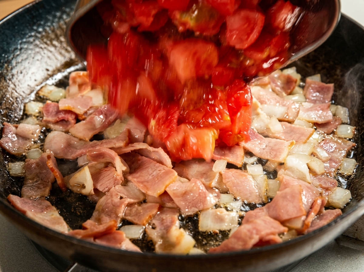 Dés de tomates versés dans une poêle chaude avec du bacon et des oignons.