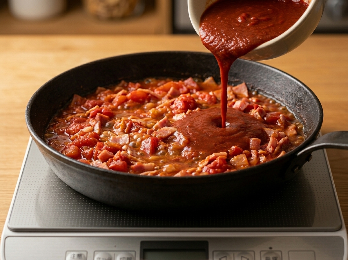 Sauce rouge versée sur un mélange fumant de tomates et bacon.