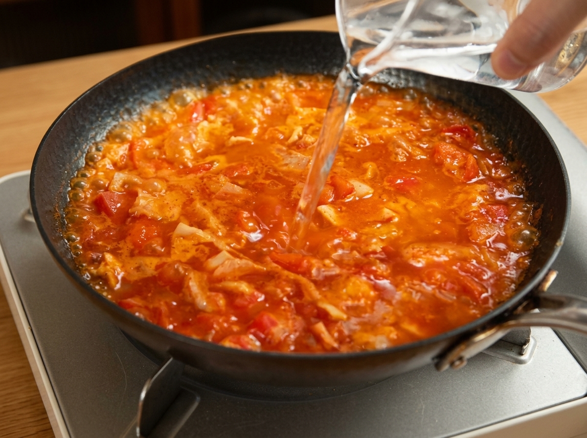 Eau versée dans une sauce tomate et bacon bouillonnante.