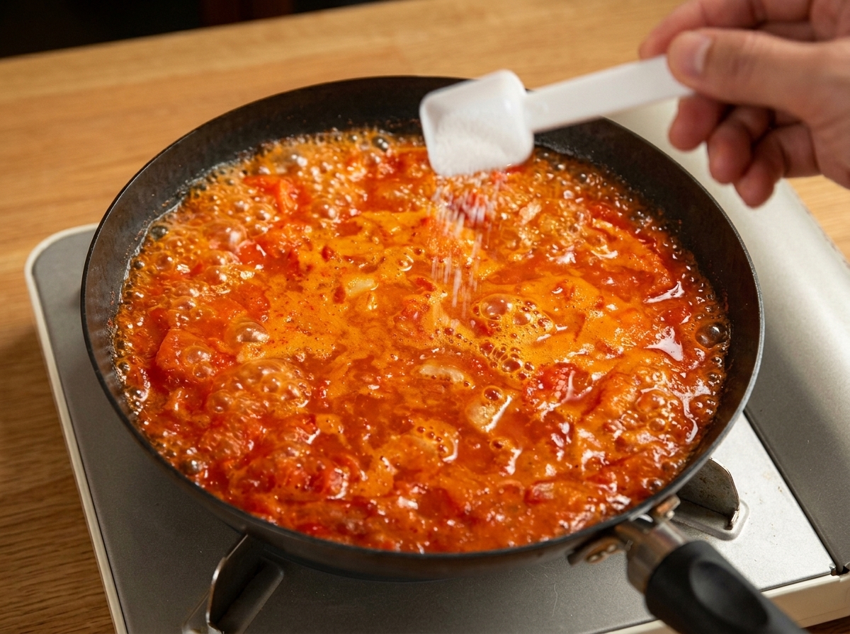 Main saupoudrant du sel dans une sauce tomate rouge vive dans une poêle.