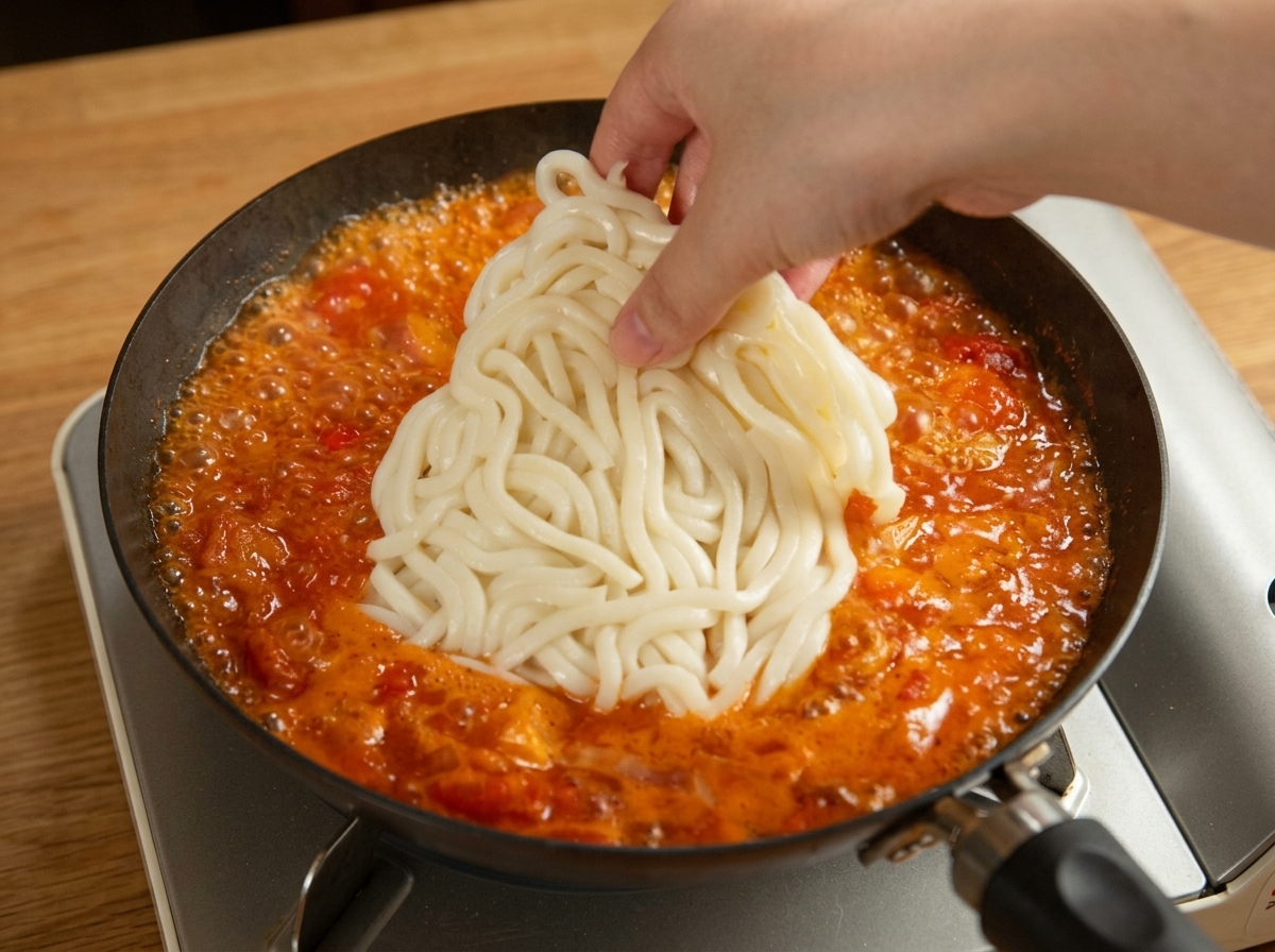 Main déposant des nouilles udon blanches dans la sauce tomate épicée.