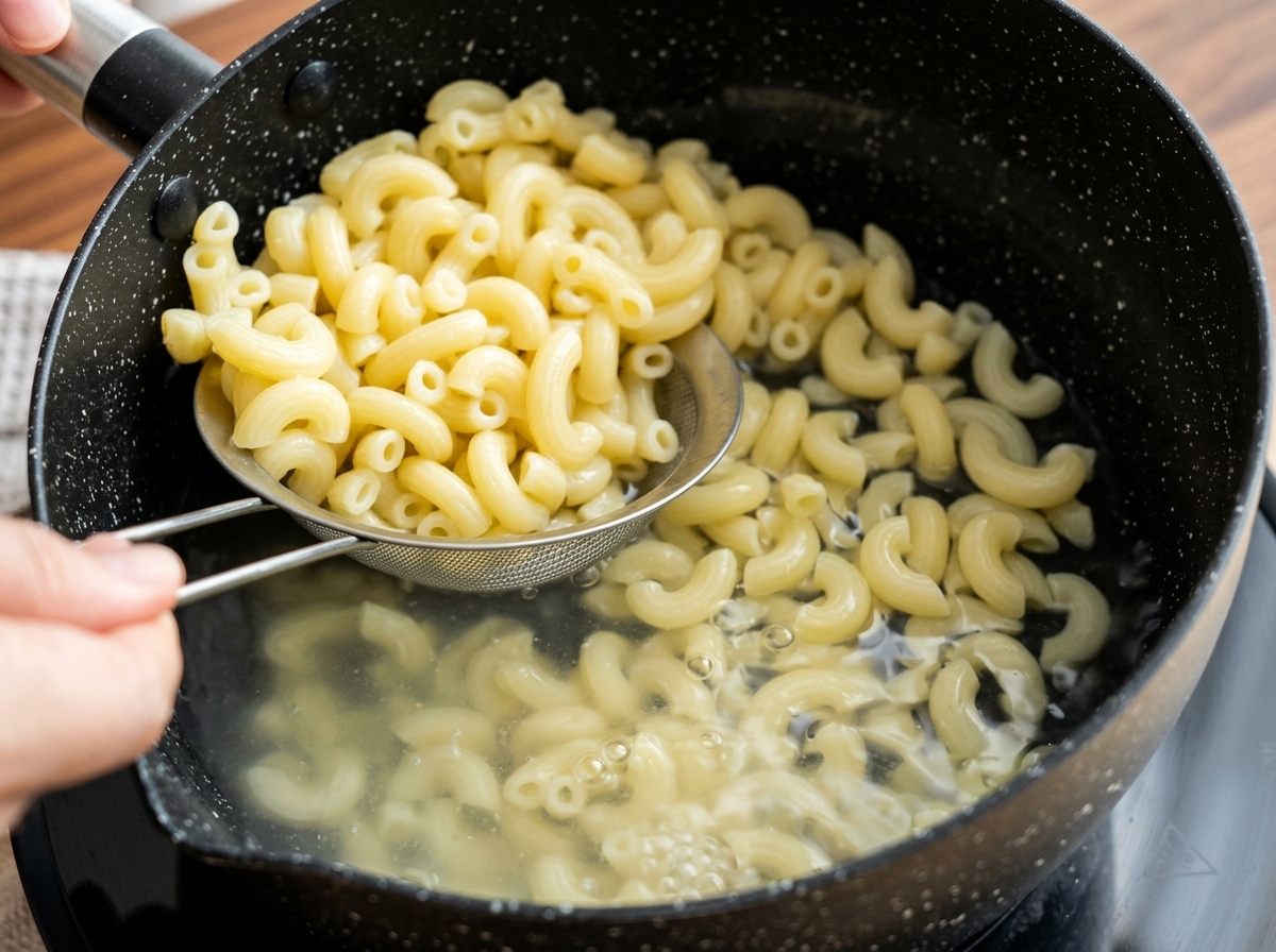 Des macaronis cuits retirés dune casserole deau chaude à laide dune écumoire ou dun tamis.