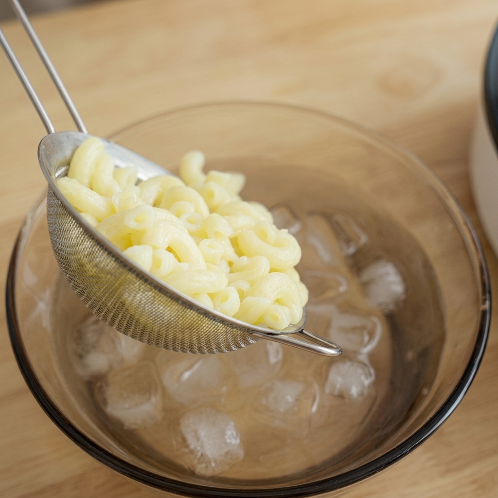 Des macaronis chauds transférés dun tamis vers un bol en verre contenant de leau froide et des glaçons.