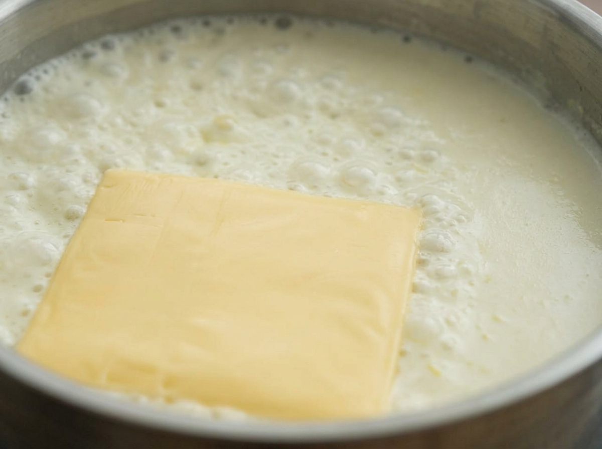 Une tranche carrée de fromage jaune fondant dans une sauce au lait blanche et crémeuse frémissante dans une poêle.