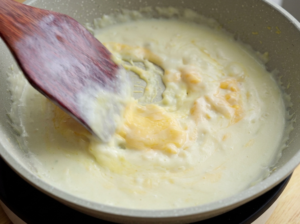 Une spatule en bois mélangeant des tranches de fromage à moitié fondues dans un liquide blanc crémeux à lintérieur dune poêle claire.