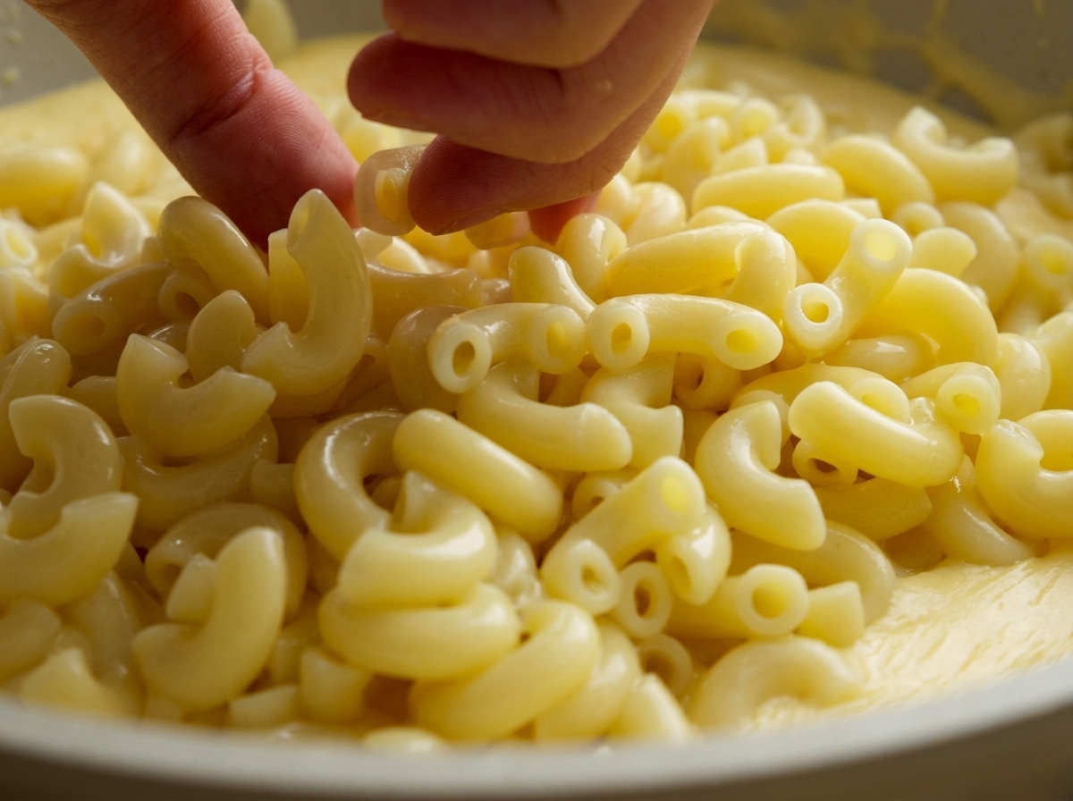 Des doigts déposant délicatement des poignées de macaronis cuits, jaune pâle, dans une poêle remplie dune sauce au fromage onctueuse.