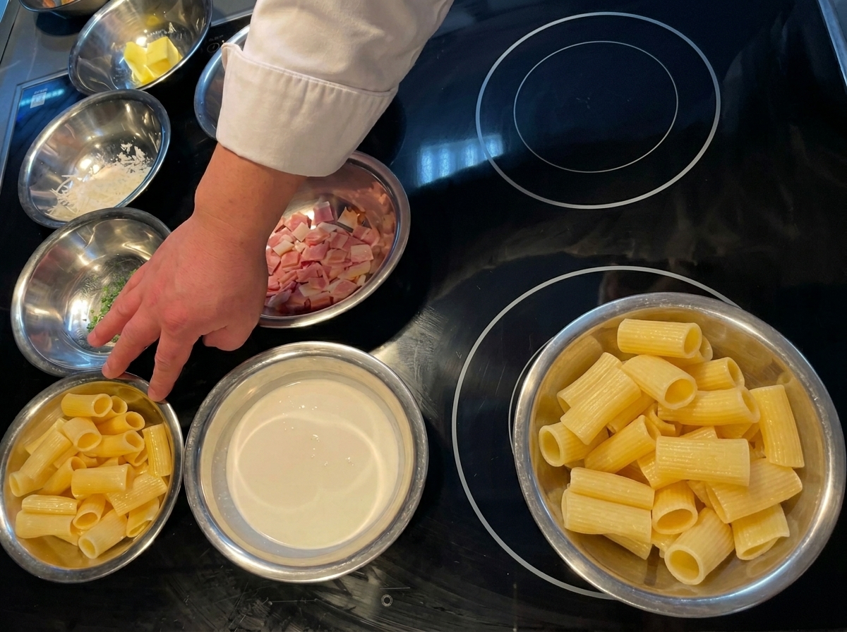 Ingrédients mesurés incluant macaronis, crème et lardons disposés dans de petits bols en inox.