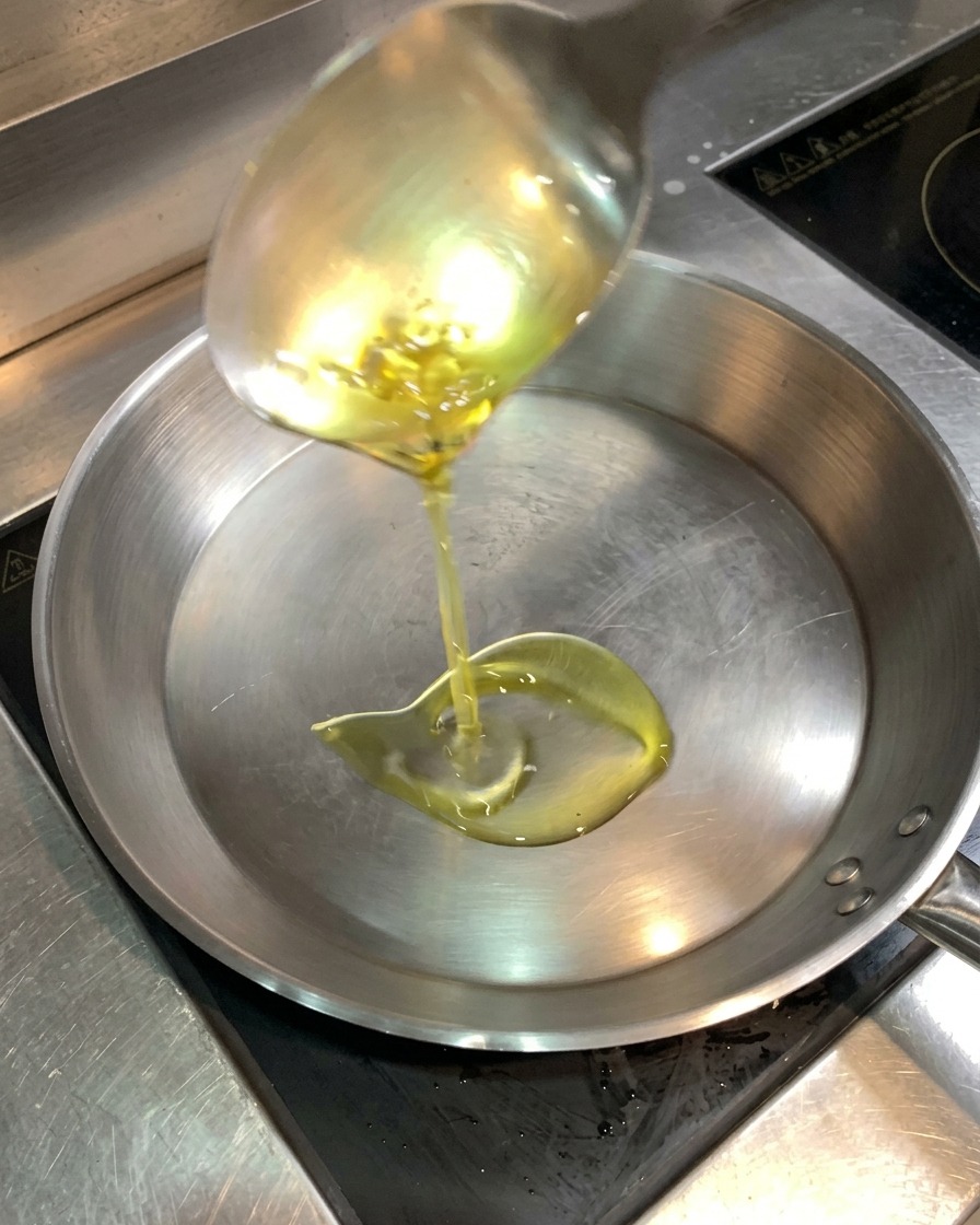Une louche versant de lhuile de cuisson limpide dans une poêle chaude en inox.