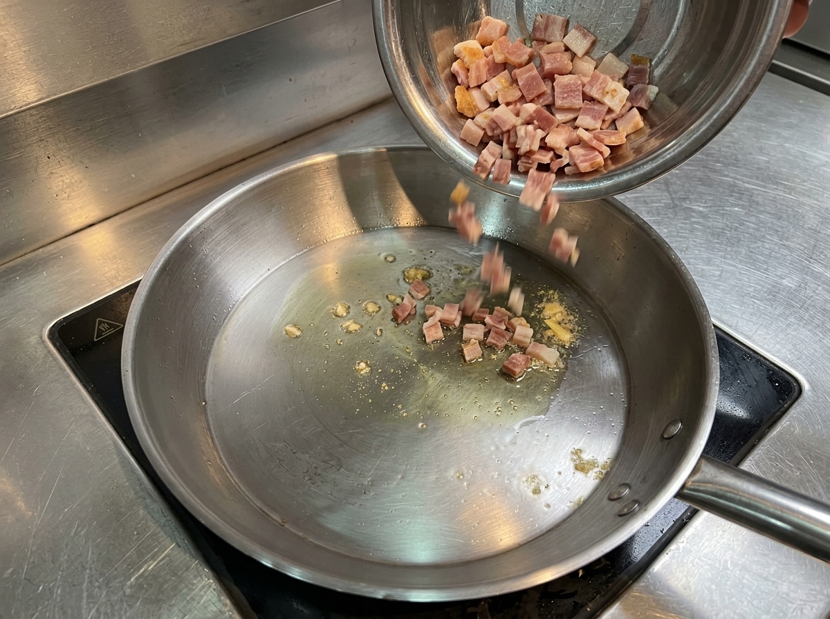 Lardons crus versés dun bol en métal dans une poêle chaude huilée.