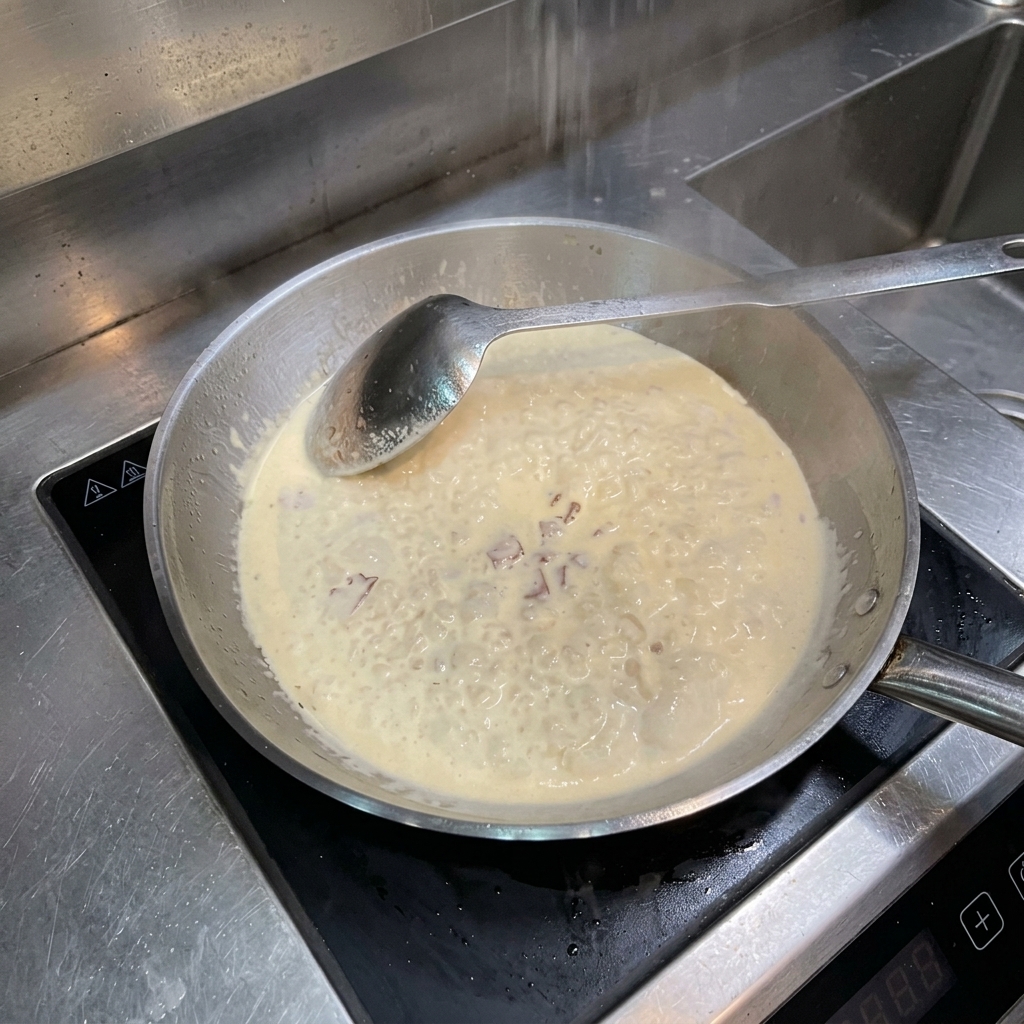 Une pincée de sel versée dans la sauce à la crème et au bacon frémissante.