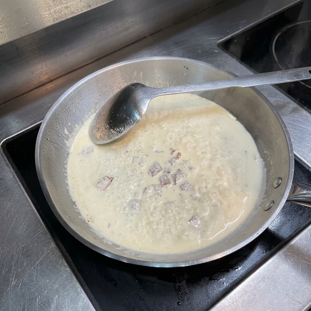 Sauce à la crème bouillonnante avec lardons et éclats de poivre noir, une louche posée à lintérieur.