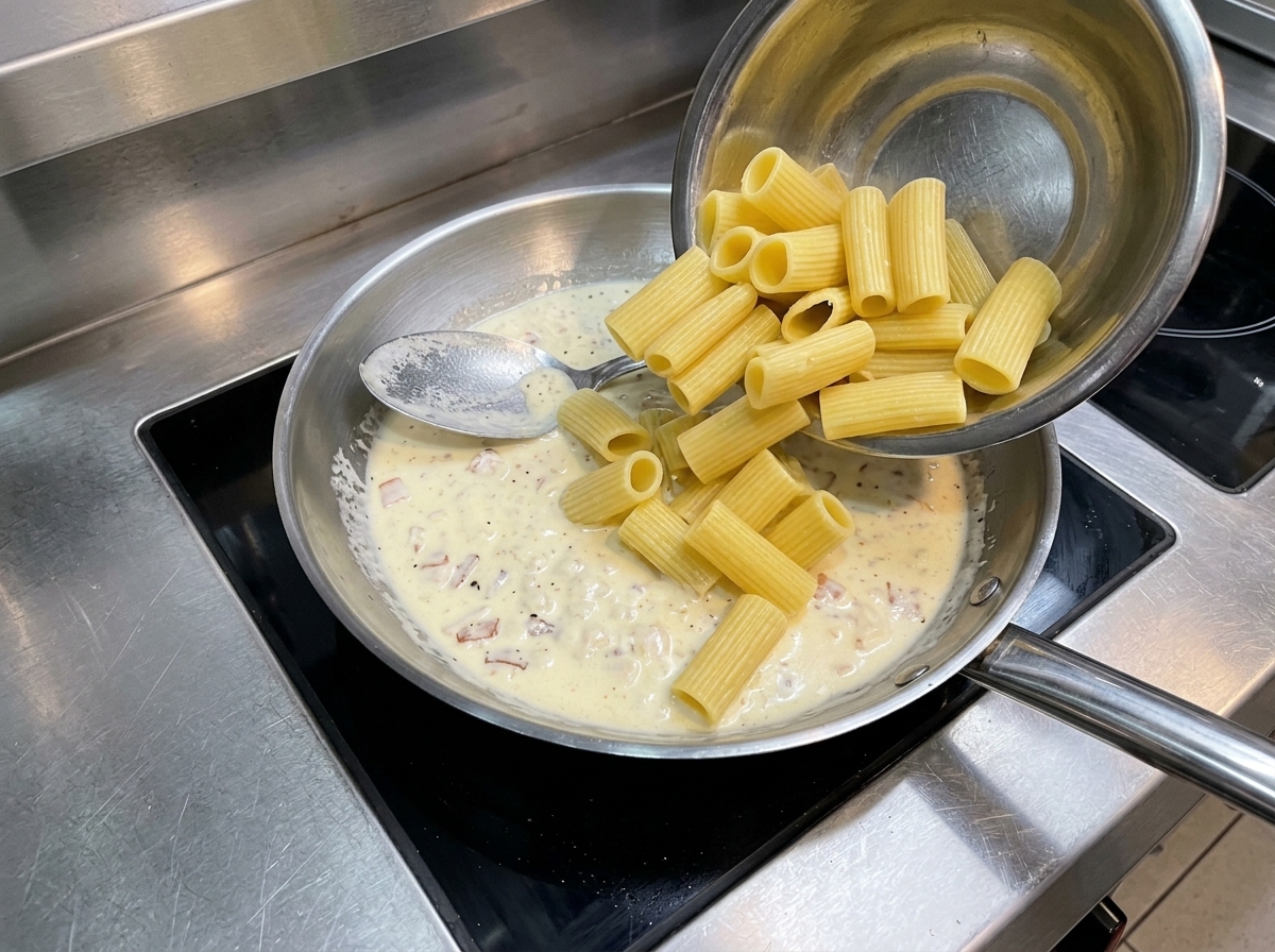 Rigatoni précuits versés dun bol en métal dans la sauce frémissante.