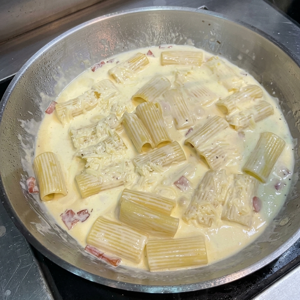 Pâtes et lardons dans la sauce crémeuse avec un morceau de beurre fondant sur le dessus.